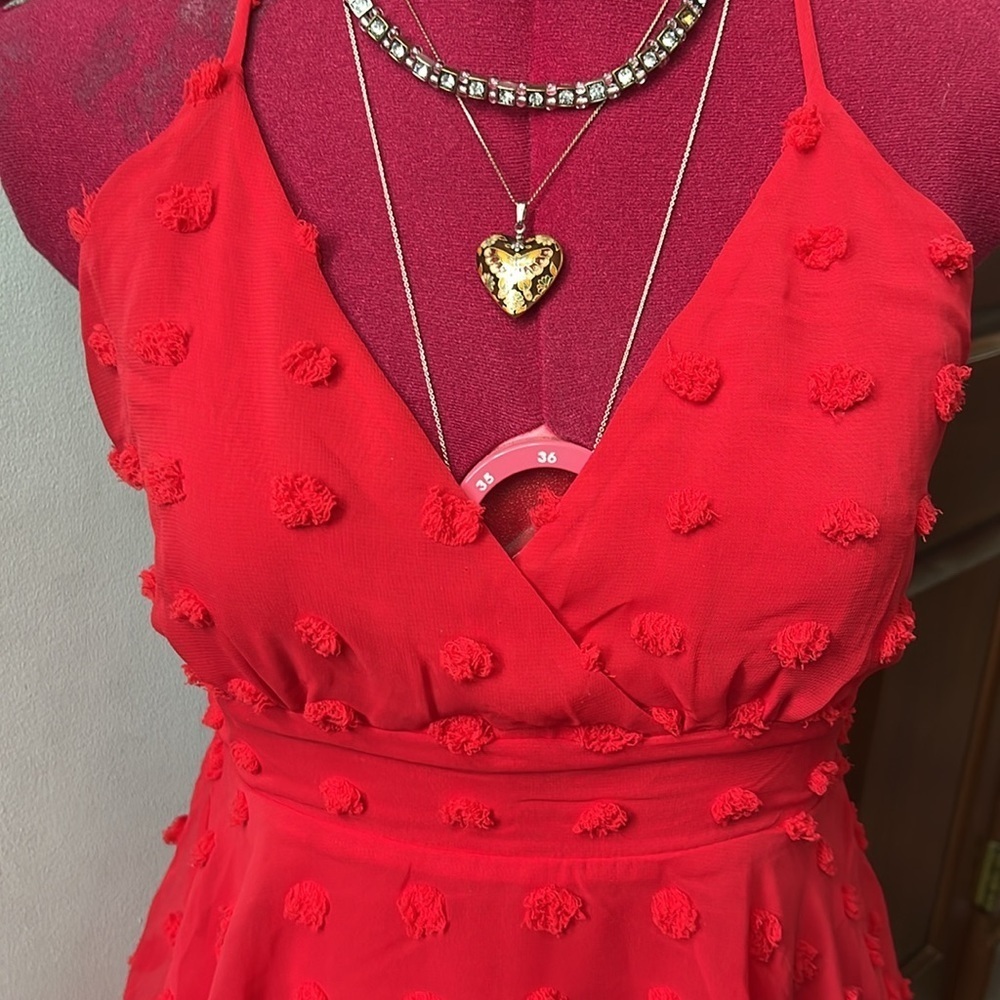 Lulu’s  NWT  Swiss dot  Red  spaghetti strap halter dress  sheer/ lining  size S - Picture 3 of 13